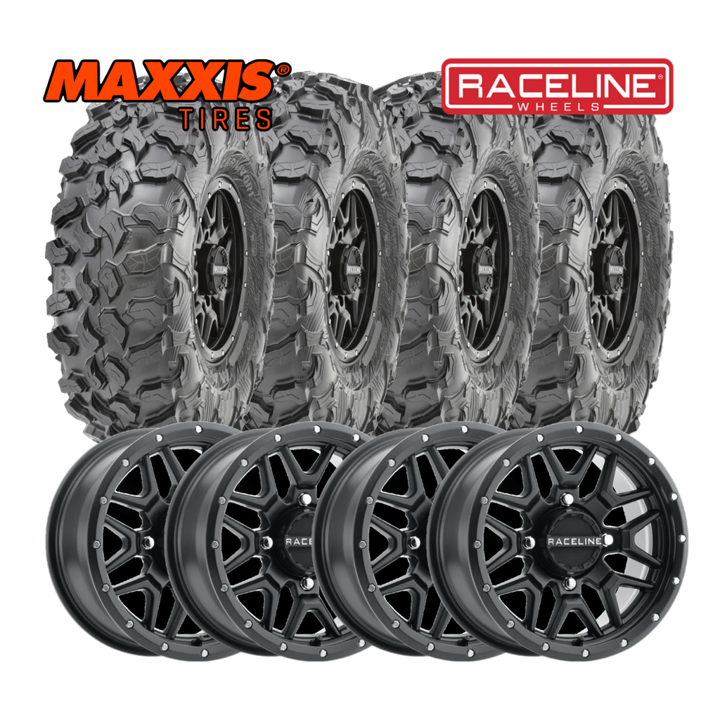 Raceline Krank 15" Wheels Black W/ 33" Carnivore Tires - Kawasaki KRX / Polaris Ranger Package